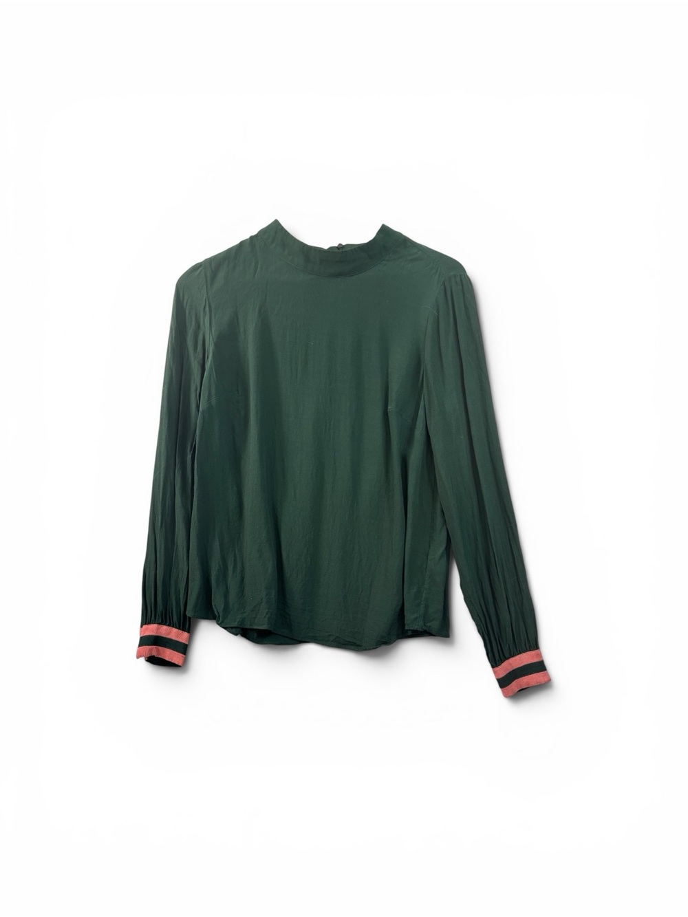 BODEN Blouse Green Mock Neck Womens Size 8 With Pink Cuff Detail Top